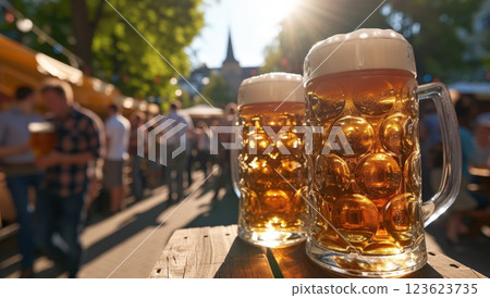 Close up of two beer mugs on a wooden table at an outdoor beer garden with people in the background. Concept of beer, festival, and celebration. 123623735