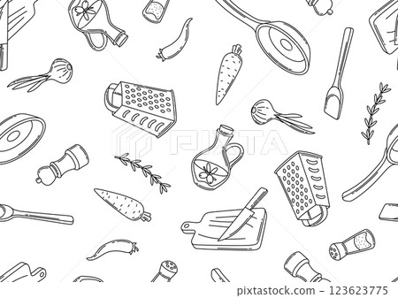 Pattern with kitchen utensils. Cooking tools for home and recipe items. 123623775