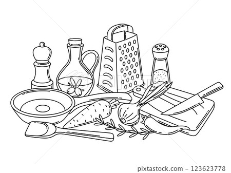 Background with kitchen utensils. Cooking tools for home and recipe items. 123623778