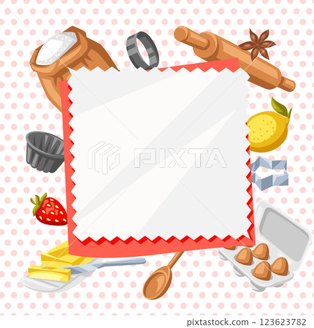 Background with bakery utensils. Cooking tools for home and recipe items. 123623782