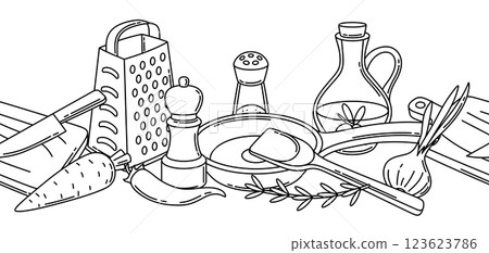 Pattern with kitchen utensils. Cooking tools for home and recipe items. 123623786