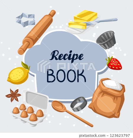 Cookbook of recipes. Background with bakery utensils. 123623797