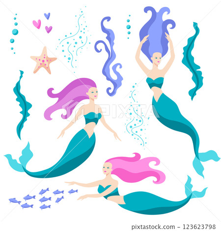 Set of mermaids and sea creations. Image of underwater wonders or fabulous creations. 123623798