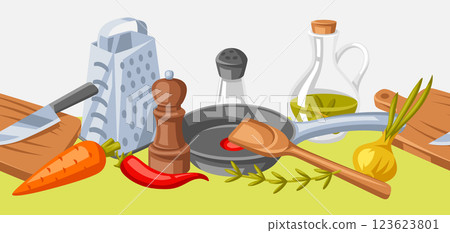 Pattern with kitchen utensils. Cooking tools for home and recipe items. Pattern with kitchen utensils. Cooking tools for home and recipe items. 123623801