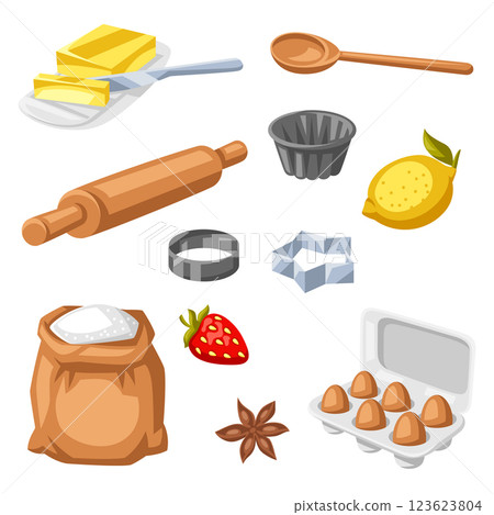 Set of bakery utensils. Cooking tools for home and recipe items. 123623804
