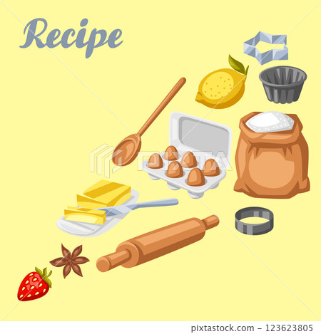 Background with bakery utensils. Cooking tools for home and recipe items. 123623805