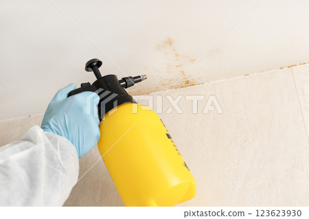 Close up of a person cleaning mold in a bathroom with a sprayer wearing a protective suit 123623930