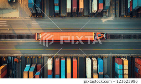Aerial view of red truck transporting goods along freight rail line surrounded by colorful shipping containers. scene captures essence of logistics and transportation Aerial view of red truck transporting goods along freight rail line surrounded by colorful shipping containers. scene captures essence of logistics and transportation 123623986
