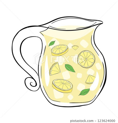 Lemonade in a transparent jug graphic line ink composition. Vector lemons slices with leaves and ice illustration.  isolated on a white background.  123624000