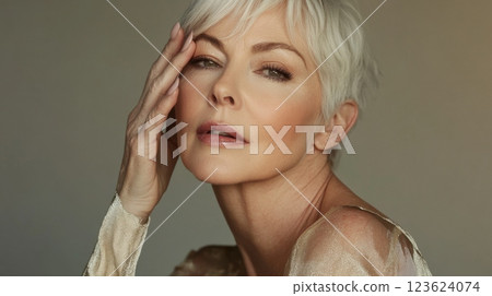 Elegant woman with short white hair Elegant woman with short white hair 123624074