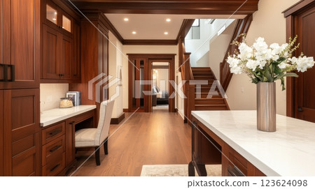 Elegant hallway with wooden accents Elegant hallway with wooden accents 123624098