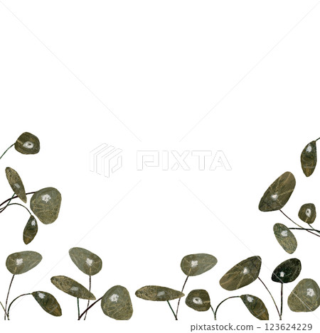 Watercolor hand painted frame with green money plants leaves. Leaves frame for invitation or greeting cards in natural earthy colors 123624229