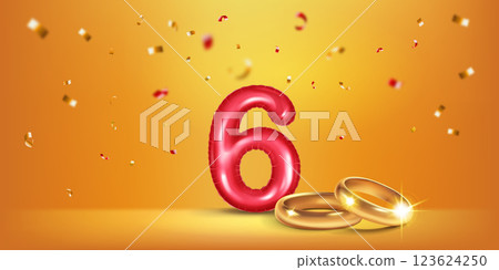 Red number 6, gold wedding rings and confetti. Red number 6, gold wedding rings and confetti. 123624250