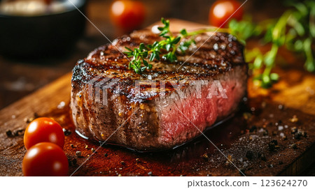 grilled steak juicy texture with vegetables on wooden board with blur background 123624270