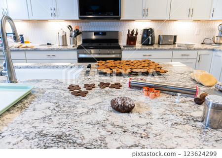 In a contemporary white kitchen, gingerbread cookie dough is skillfully rolled out, setting the stage for a delightful holiday treat. 123624299