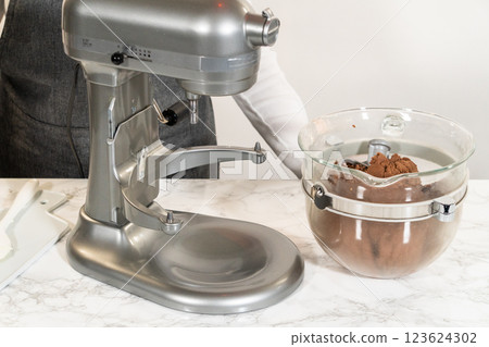 Stand mixer with butter, brown sugar, and other ingredients for Pale Gingerbread Cookies with Subtle Spice Flavor. Glass bowl on the mixer is partially filled. Stand mixer with butter, brown sugar, and other ingredients for Pale Gingerbread Cookies with Subtle Spice Flavor. Glass bowl on the mixer is partially filled. 123624302