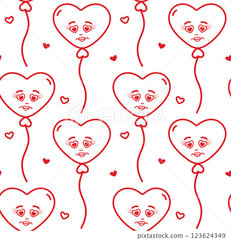 Freehand Heart shape balloons on string and decorative hearts Seamless Pattern Minimalist Background 123624349