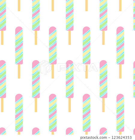 Popsicle with colorful pastel stripes in trendy pink, blue, yellow and green Summer Seamless Pattern 123624353