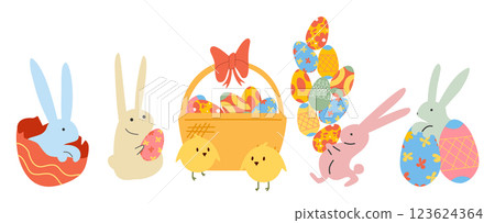 Easter collection of cute cartoon bunnies and chickens. Cute Easter characters with eggs. 123624364