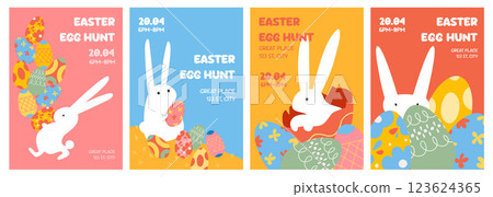 A set of posters or invitations for Easter egg hunt with eggs and cute cartoon rabbits. 123624365