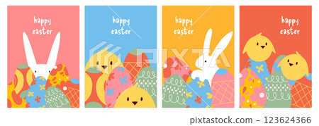 A set of cute bright illustrations for Easter. Cartoon eggs, rabbit, chicken. Poster, card, postcard, banner. A set of cute bright illustrations for Easter. Cartoon eggs, rabbit, chicken. Poster, card, postcard, banner. 123624366