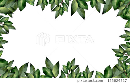 Rectangular frame made of green watercolor tree leaves. Hand drawn, isolated on a white background. Template with space for text. For design, print, invitations 123624517