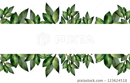 Rectangular frame made of green watercolor tree leaves. Hand drawn, isolated on a white background. Template with space for text. For design, print, invitations 123624518