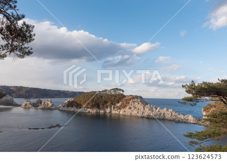 Odaiba Observatory at Jodogahama Beach, a tourist spot in Miyako City, Iwate Prefecture, where strange rock formations and blue skies can be seen in winter Odaiba Observatory at Jodogahama Beach, a tourist spot in Miyako City, Iwate Prefecture, where strange rock formations and blue skies can be seen in winter 123624573