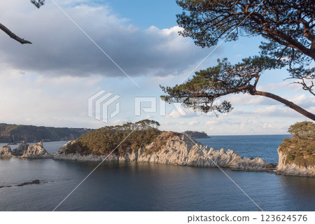 Odaiba Observatory at Jodogahama Beach, a tourist spot in Miyako City, Iwate Prefecture, where strange rock formations and blue skies can be seen in winter 123624576