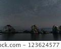 The strange rock formations, starry sky and Milky Way at Jodogahama Beach, a tourist attraction in Miyako City, Iwate Prefecture, in winter 123624577