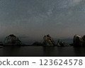 The strange rock formations, starry sky and Milky Way at Jodogahama Beach, a tourist attraction in Miyako City, Iwate Prefecture, in winter 123624578