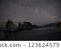 The strange rock formations, starry sky and Milky Way at Jodogahama Beach, a tourist attraction in Miyako City, Iwate Prefecture, in winter 123624579