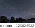 The strange rock formations, starry sky and Milky Way at Jodogahama Beach, a tourist attraction in Miyako City, Iwate Prefecture, in winter 123624582