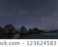 The strange rock formations, starry sky and Milky Way at Jodogahama Beach, a tourist attraction in Miyako City, Iwate Prefecture, in winter 123624583