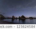 The strange rock formations, starry sky and Milky Way at Jodogahama Beach, a tourist attraction in Miyako City, Iwate Prefecture, in winter 123624584