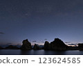 The strange rock formations and starry sky of Jodogahama Beach, a tourist attraction in Miyako City, Iwate Prefecture, in winter 123624585