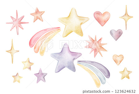 Watercolor illustration set with simple pastel colors shapes, stars, hearts. Isolated on white background. Hand drawn clipart. Perfect for card, postcard, tags, invitation, printing, wrapping. Watercolor illustration set with simple pastel colors shapes, stars, hearts. Isolated on white background. Hand drawn clipart. Perfect for card, postcard, tags, invitation, printing, wrapping. 123624632