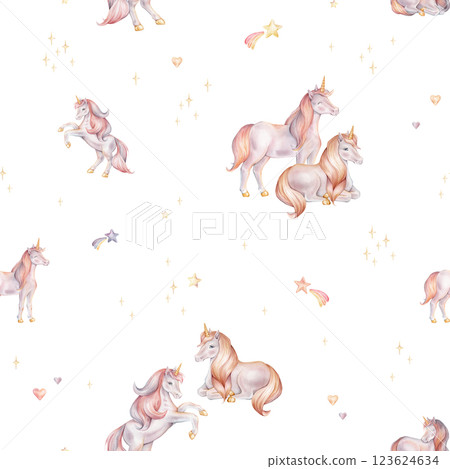 Seamless watercolor pattern with Unicorn and multicolored stars. Hand drawn Illustrations of background for nursery wallpaper, baby decor, textiles, or children paper. Pastel colors pony 123624634