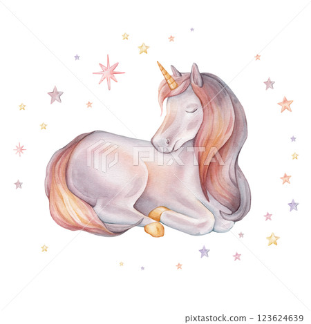 Hand drawn watercolor illustration of the Unicorn sitting. Cute yellow pink violet horse for Baby shower invitations or nursery wall art. Pastel Fantasy pony for kids greeting cards. 123624639