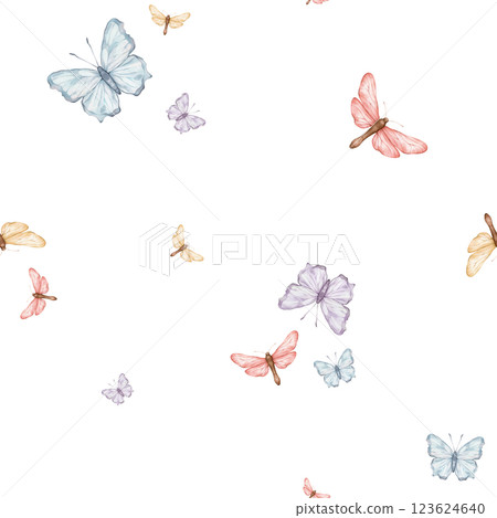 Violet and pink butterflies in pastel color on a white background, seamless pattern. Watercolor illustration. For fabric,textiles, wallpaper, wrapping paper, wrappers, covers, prints, clothing. 123624640