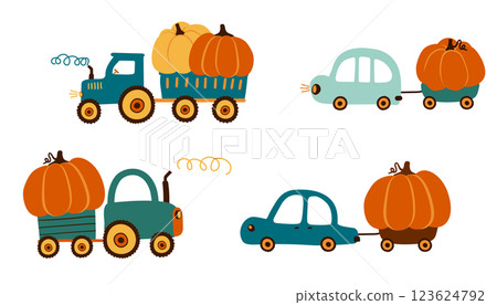 Cute tractor is carrying a big pumpkin. Children's drawing Cute tractor is carrying a big pumpkin. Children's drawing 123624792