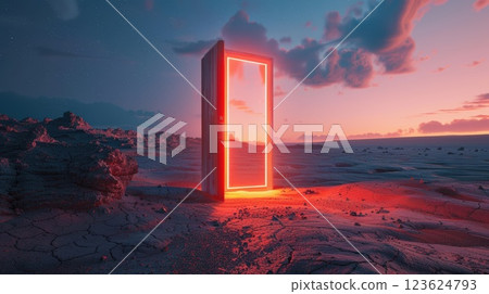 Glowing Portal in Desert Landscape Under Vibrant Twilight Sky Glowing Portal in Desert Landscape Under Vibrant Twilight Sky 123624793