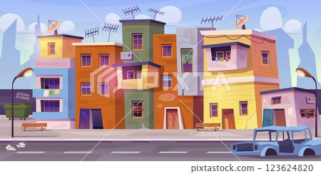 Ghetto street. Poor city slum, abandoned houses village building broken neighborhood cartoon background poverty country dirty urban favela cityscape, swanky vector illustration 123624820