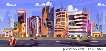 City earthquake. Natural disaster destruction, damaged buildings street road crack earth quake collapse nature catastrophe scene, accident insurance swanky vector illustration 123624821