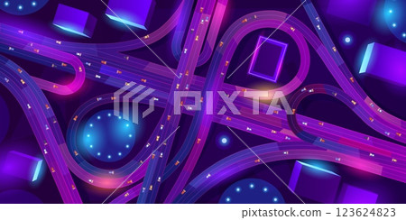 Night intersection top view. Transport interchange city road intersection highway, cyberpunk futuristic expressway urban junction neon illuminate freeway swanky vector illustration 123624823