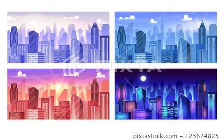Daytime cityscape. City skyscraper buildings silhouette in different time, night day morning town afternoon neighborhood sunrise sunset urban background, swanky vector illustration Daytime cityscape. City skyscraper buildings silhouette in different time, night day morning town afternoon neighborhood sunrise sunset urban background, swanky vector illustration 123624825