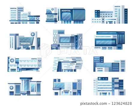 City medical buildings. Hospital skyscraper building exterior, medical company clinic healthcare office modern facade laboratory ambulance emergency set swanky vector illustration City medical buildings. Hospital skyscraper building exterior, medical company clinic healthcare office modern facade laboratory ambulance emergency set swanky vector illustration 123624828