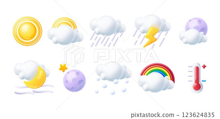 3d rainbow weather. Render climate forecast symbols, sun moon day night clouds hot thermometer lightning rain design realistic cartoon season icons set exact vector illustration 123624835