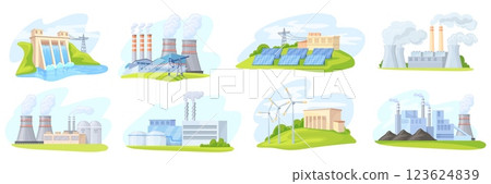 Different energy stations. Renewable power sources factory plant production, gas wind solar coal nuclear electricity hydroelectric dam industrial building, neat vector illustration 123624839