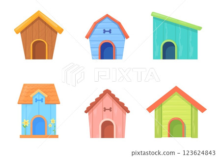 Doghouses. Cartoon dog houses, wooden kennel for puppy pet home booth with roof domestic animals house cozy canine cabin wood construction set vector illustration 123624843